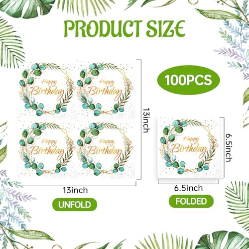 100 Pcs Gold Happy Birthday Eucalyptus Paper Napkins, 6.5 x 6.5 Inches Disposable Hand Towels for Bathroom, Green Eucalyptus Leaf Decorative Disposable Paper Napkins for Baby Shower Birthday Party