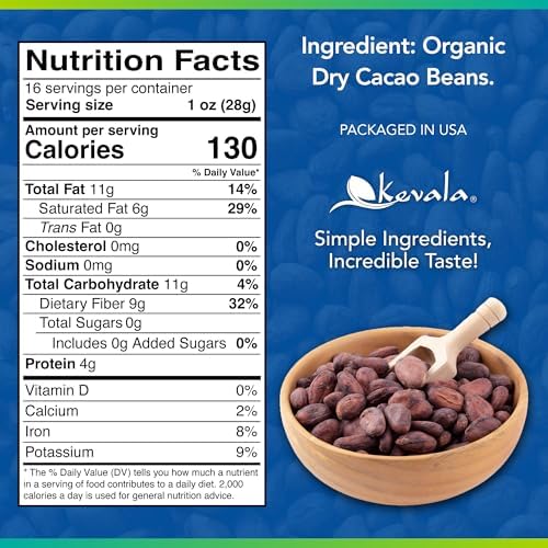 Kevala Organic Cacao Beans - Sun Dried Natural Beans for Brewing, Sugar Free Base for Homemade Chocolate, Nutritious Addition to Breakfasts and Drinks, Vegan Option with No Additives, 1 lb, 16 oz