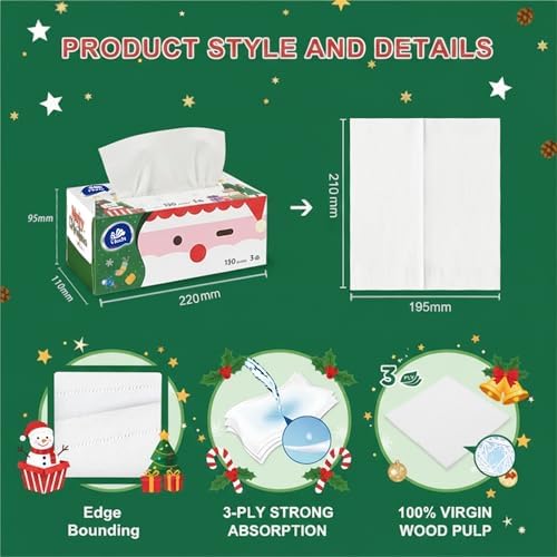 Vinda 3-Ply Ultra Care Facial Tissues, Cute Edition, Festive Holiday Boxes, 130 Tissues/Box, 8 Flat Boxes, Ultra Soft & Gentle for Sensitive Skin, Ideal for Home, Office, or Holiday Gifts