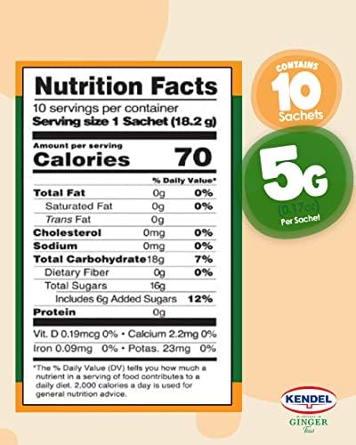 Kendel Instant Ginger Honey Tea – Real Ginger Powder with Natural Honey – Caffeine Free Soothing Drink – Hot or Cold – 10 Sachets
