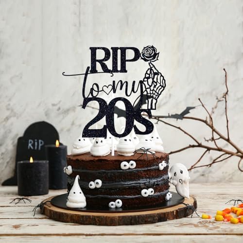 Black Glitter Rip to My 20's Cake Topper, Cheers to 30 Years/Death to My Twenties, Funeral Old English Themed 30th Birthday Party Decorations Supplies