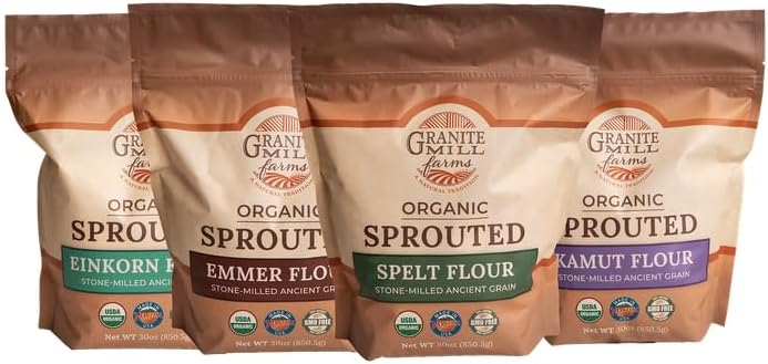 Sprouted Organic Ancient Grain Flour Collection by Granite Mill Farms, (Einkorn, Emmer, Spelt, & Kamut stone-milled flours), 30 oz. 4-pack