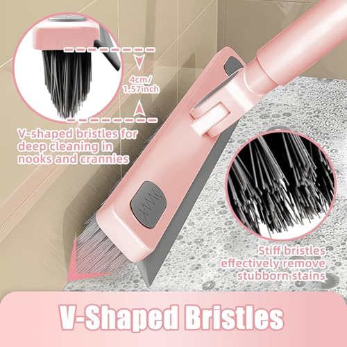 Floor Scrub Brush with Long Handle 58'’ Telescopic Handle 2 in 1 Scrape Brush, V-Shaped Corner Stiff Bristle Floor Scrubber with Squeegee for Cleaning Shower Bathroom Garage Kitchen Wall Tub Deck Tile