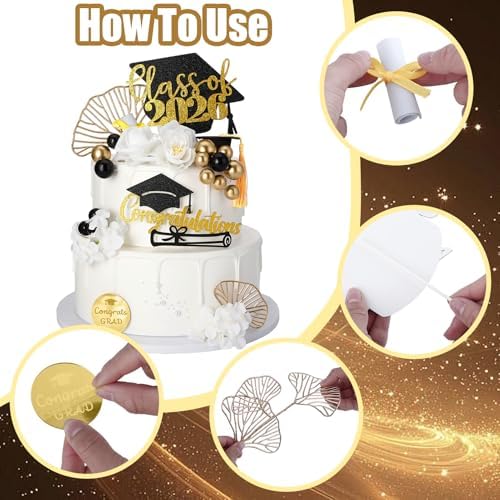 36 Pcs Graduation Cake Topper Graduation Cap Cake Toppers Class Of 2026 with Diploma Flowers Balls for Graduation Party Decor