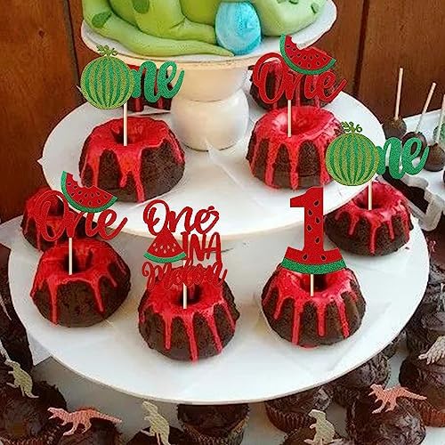 Rsstarxi 24 Pack Glitter Watermelon Cupcake Toppers One in a Melon Cupcake Picks Decorations for First Birthday Watermelon Themed Baby Shower Kids 1st Birthday Party Cake Decorations