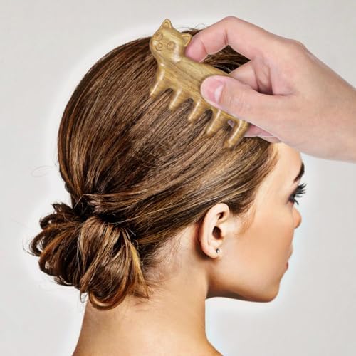 Ipetboom Wooden Scalp Massage Comb: 3.1In Cat Shape Sandalwood Head Wide Tooth Massager for Hair GuaSha, Hair Care, Relaxation & Blood Circulation