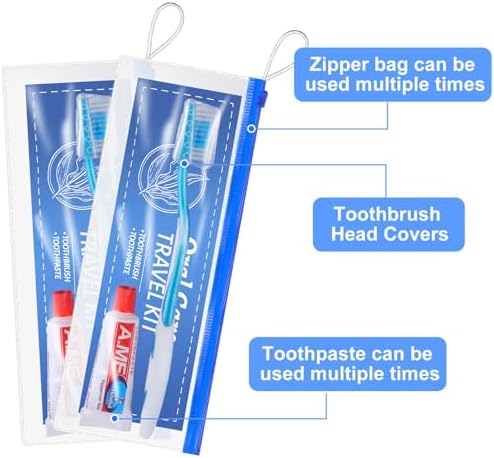 FoldTier 30 Set Toothbrush and Cover Travel Kit Bulk with Toothpaste Individually Wrapped Travel Size Toothbrush Set Soft Bristles Resealable Portable and Reusable Bag for Homeless Hotel Home Charity