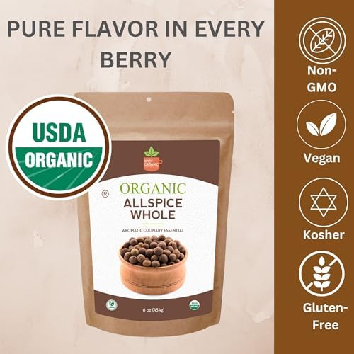 SPICY ORGANIC Pure Organic Allspice Berries Whole 16 oz. – Certified USDA Organic - Premium Pimento Seeds and Peppers for Baked Goods, Pickles, Marinades, Stews, and Sauces.