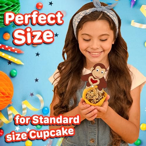 24x Curious Monkey Cupcake Toppers – Strong Picks Happy Birthday Décor, Cupcake Decorations for Kids Birthdays