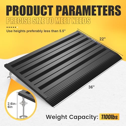 Threshold Ramp for Doorways, Adjustable Height 2.6"-6" Aluminum Wheelchair Ramp with Heightening Screws and Swivel Angle Leg, 1100lbs Load Capacity, 22”x36 Curb Ramp for Trolley,Power Chairs