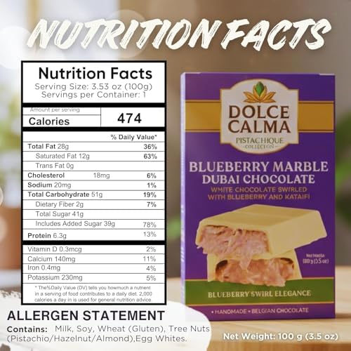 Dolce Calma Dubai Chocolate Bar Blueberry (100g / 3.5oz) – Viral Authentic Handmade Belgian Chocolate with Turkish Pistachio & Crispy Kataifi, Premium Quality Candy, Luxury Kunafa Filling, No Palm Oil