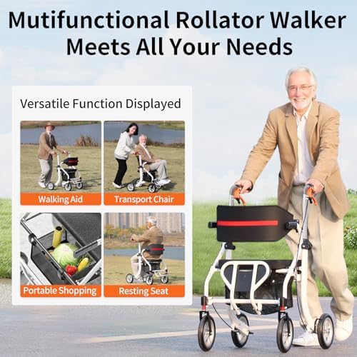 Nihhcune 4-in-1 Mobility Wheelchair Combination, No Installation Design, Walkers for Seniors, Foldable Walker with Seat, Rollator Walker with Durable Aluminum, Ergonomic Design Rolling Walker, White