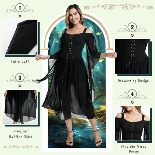 Women Renaissance Costumes Gothic Halloween Costume Cold Shoulder Butterfly Sleeve Lace Medieval Steampunk Dress