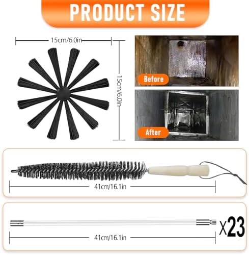 30Feet Chimney Sweep Kit - 6 in Brush Head, Dryer Vent Cleaner, Rotary Cleaning System for Flue/Fireplace/Sewage Pipe/Hood With 23 Nylon Flexible Rods