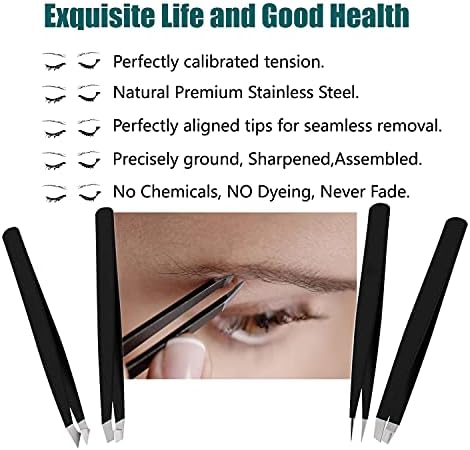 [4+1 Pieces] Tweezers Set with Travel Case, Great Precision Upgrade Professional Anti-rust Alloy Tweezers for Women & Men Multi-purpose as Eyebrows Facial Hair Ingrown Hair Removal