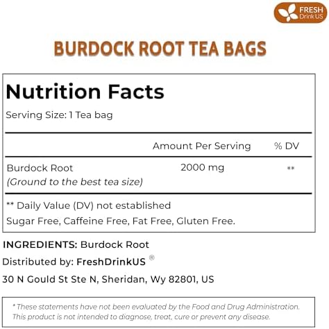 FreshDrinkUS, Premium 120 Burdock Root Tea Bags, 100% Natural & Pure, Herbal Tea. Made with Natural Material Tea Bags. No Sugar, No Caffeine, No Gluten, Vegan.