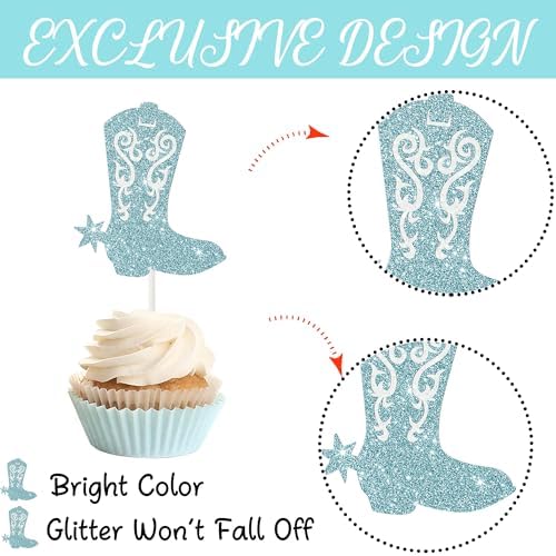 Boots or Bows Gender Reveal Cupcake Toppers 24PCS Western Cowgirl Cowboy Baby Shower Party Cake Decorations Boots and Bows Cupcake Picks Wild West Birthday Party Supplies (Blue and Pink)