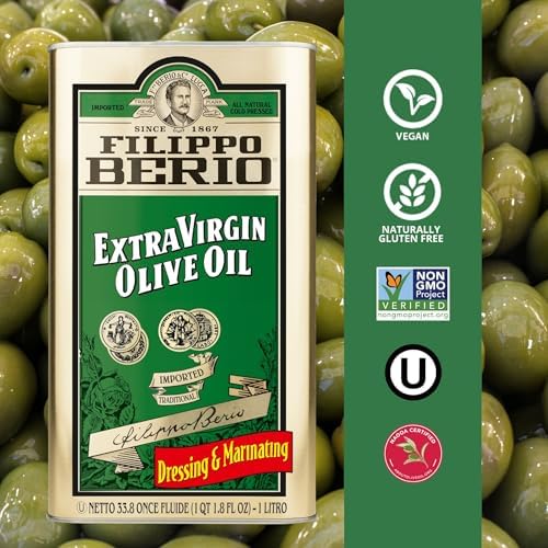 Filippo Berio Cold Pressed Extra Virgin Olive Oil, 1 Liter Tin (33.8 Ounce) Contains Polyphenols