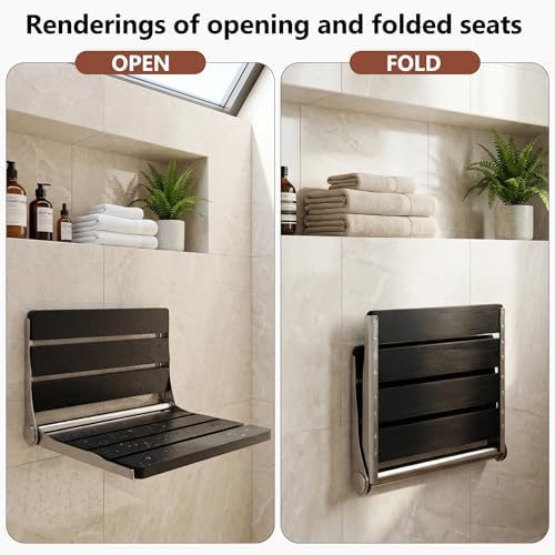 Folding Shower Seat Wall Mounted 400lbs Capacity, 16" x 13" Space Saving Fold Down Bench for Small Shower Spaces, Black