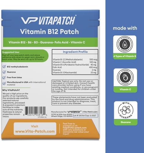 Vitamin B12 Patch for Energy Plus – 30 Count Vitamin B12 Patches – B12 Vitamins with Methylcobalamin & Guarana
