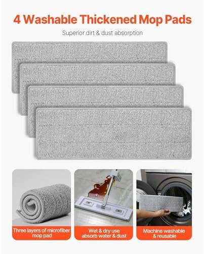 Hands-Free Self-Wringing Flat Mop with 4 Reusable Pads - 360° Rotating Wet Dry Microfiber Floor Mop for Hardwood Tile Laminate