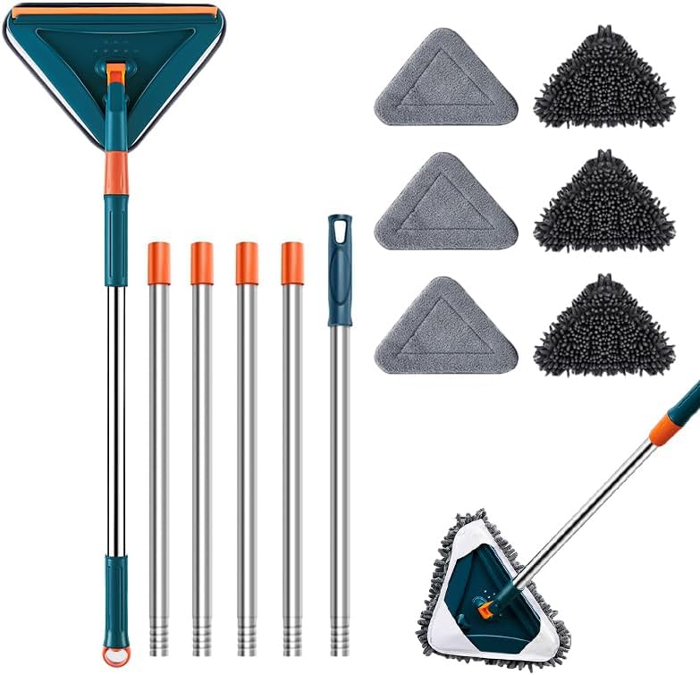 Wall Cleaner Mop with Long Handle 360° Wall Mop Triangle Mops for Floor Cleaning Baseboard Cleaner Tool with 5 Microfiber Duster Pads Dust Washer Cleaning Tools for Walls Windows Ceiling Fan