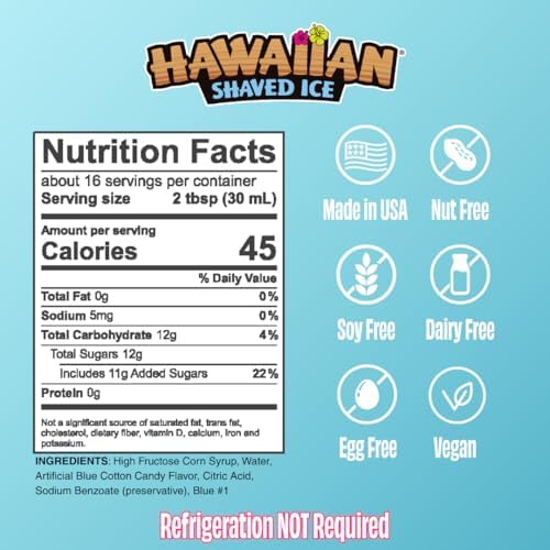 Hawaiian Shaved Ice Blue Cotton Candy Syrup - Nut Soy Dairy Free - Flavor Fluffy & Crunchy Snow Cones - Shelf Stable - Makes 8 Servings - 16 ounces