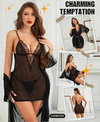 Women's Lingerie Sets with Robe - 3 Piece Lace Mesh Chemise Babydoll Nightgown with Thong