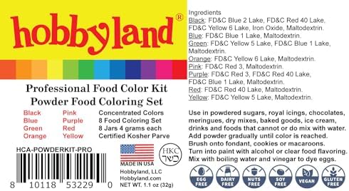 Hobbyland Powder Food Color Kit, Professional Powder Food Coloring Set, 8 Colors, 4 Gram Jars