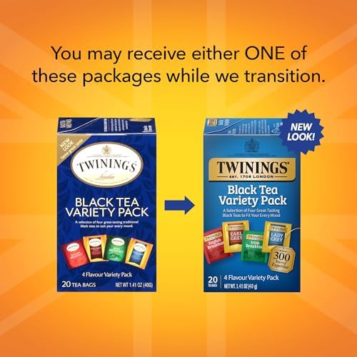Twinings Black Tea Variety 2-Pack with Earl Grey Tea, English Breakfast Tea, Irish Breakfast Tea, and Lady Grey Tea Bags, Individually Wrapped, 20 Count Ea