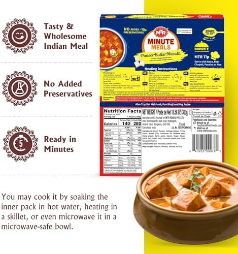 MTR - Minute Meals: Paneer Butter Masala - Creamy Cottage Cheese Curry - Tasty Indian Meal with No Added Preservatives - A Quick Meal Suitable for Vegetarians, Ready in Minutes! (Pack of 6)