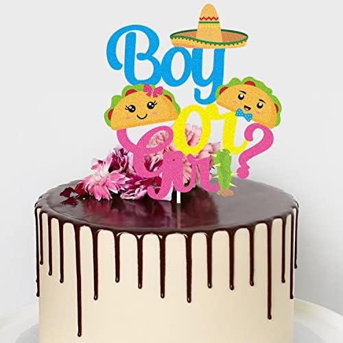 Fiesta Taco Boy Or Girl Gender Reveal Cake Topper - Glitter Cute Taco Baby Boy Or Baby Girl Birthday Cake Topper - Gender Reveal Pink Girl or Blue Boy Baby Shower Decoration