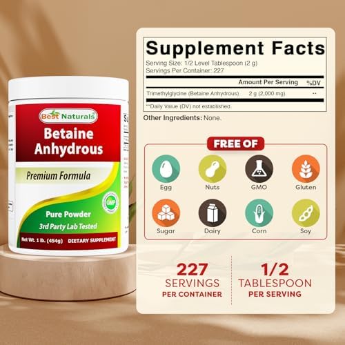 Best Naturals Betaine Anhydrous Trimethylglycine (TMG) Pure Powder 1 Pound (1 LB (Pack of 2))