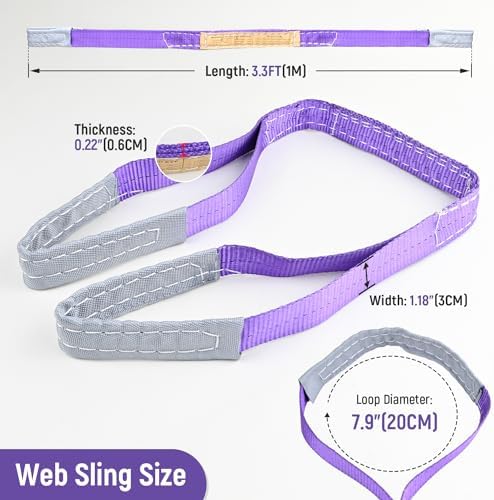 2-PCS 5:1 Safety Factor 1" X3.3' Lifting Slings 2204 lbs Webbing Sling 2 ply Polyester Lifting Strap with Twisted Eye & Eye for Industrial Shop Use, Hoist, Tree Stumps, Heavy Duty Cargo, Purple