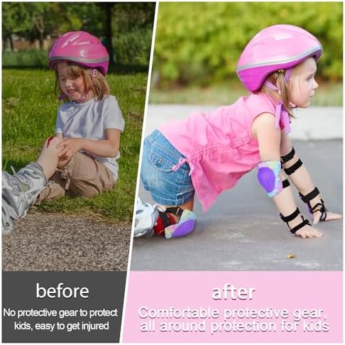FIODAY Knee Pads for Kids Protective Gear Set Adjustable Kids Knee Pads and Elbow Pads with Wrist Guard for Girls Roller Skates Cycling Bike Skateboard Scooter Knee Pads, 3-8 Years,Rainbow Unicorn