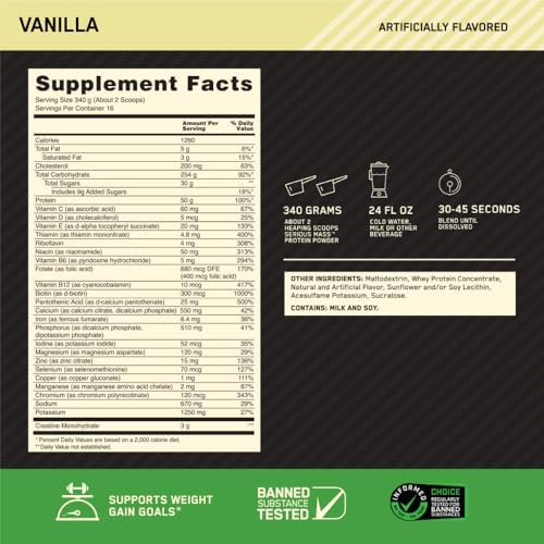 Optimum Nutrition Serious Mass Weight Gainer Protein Powder, Vitamin C and Zinc for Immune Support, Vanilla, 12 Pound (Packaging May Vary)