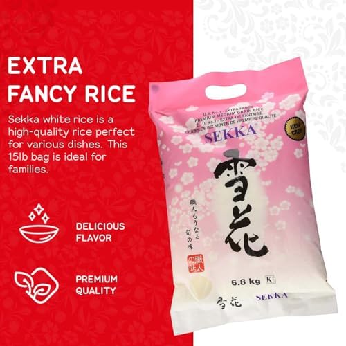 SEKKA Extra Fancy Medium Grain white Rice - Japanese Premium quality uncooked Rice | Milled Rice, Sweet and Chewy | Low Fat, Perfect for Authentic Asian Cuisine, 15 lb -(Pack of 1)
