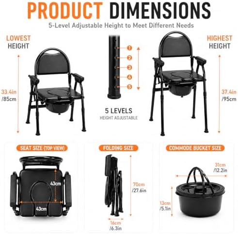 4-in-1 Folding Bedside Commode Chair with Seat Cover, Tool-Free Assembly Portable Toilet for Adults, Adjustable Height Bedside Commode for Seniors with Handles, 330lbs Support (Black)