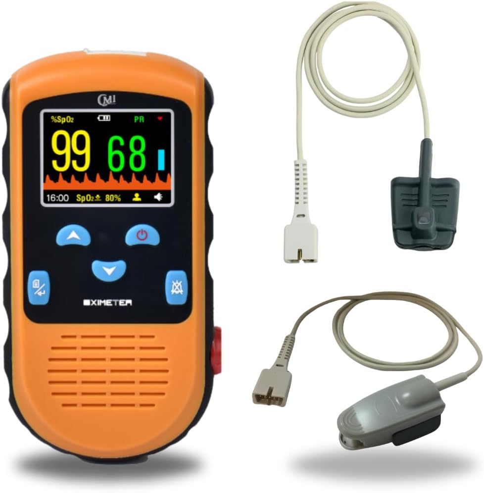 CMI Health Rechargeable Pulse Oximeter - Adult Finger Sensor for Continuous Monitoring & Spot-Checking - Adjustable Alarm for Pulse Rate and SpO2 Levels - Carry Case, AC Adapter Included