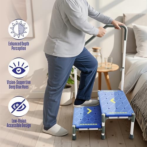 Extra Long Step Stool with Handle for Elderly(22 Inch), Heavy Duty 2 Stepping Stool with Adjustable Handrails for High Beds, Non-Skid Platform Foot Stool for Adults, Seniors, Handicapped (Blue)