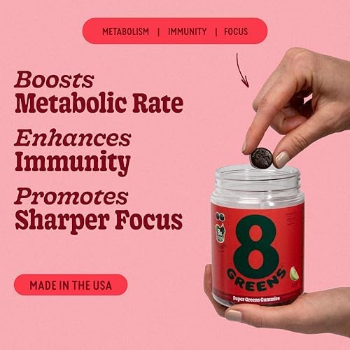 8Greens Supergreens Gummies | Super Greens Powder Superfood Gummy for Metabolism, Immunity & Focus, Digestive Health Enzymes, Organic: Chlorella, Spirulina, Aloe Vera, Apple Flavor, 100 Count