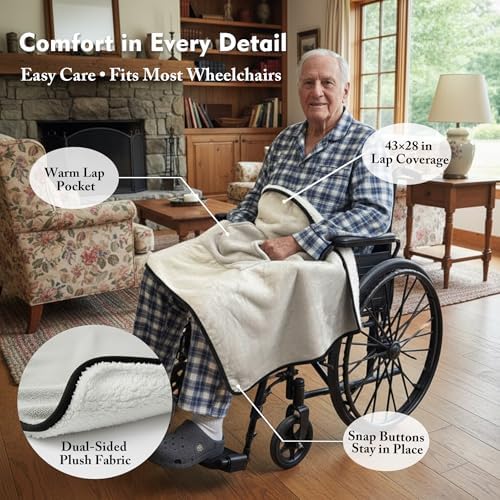 Wheelchair Lap Blanket for Seniors, 43" * 28" Soft Sherpa Lined Knee & Lap Cover, Warm Lightweight Throw with Snap Buttons, Cozy Comfort for Elderly & Caregivers, Light Gray
