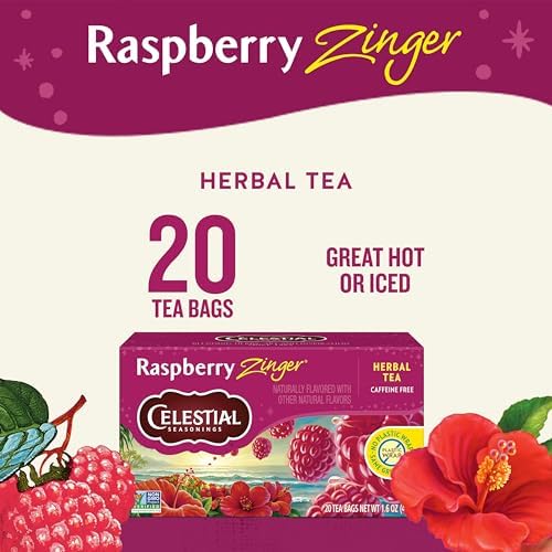 Celestial Seasonings Raspberry Zinger Herbal Tea, Caffeine Free, 20 Tea Bags Box, 6-Pack