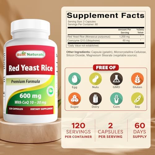 Best Naturals Red Yeast Rice with CoQ10, 120 Capsules - Cardiovascular Formula Contains 600 mg of Red Yeast Rice ans 30 mg of CoQ10