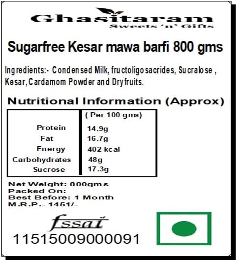 Ghasitaram Gifts Indian Sweets - Sugar Free Kesar mawa barfi 800gms