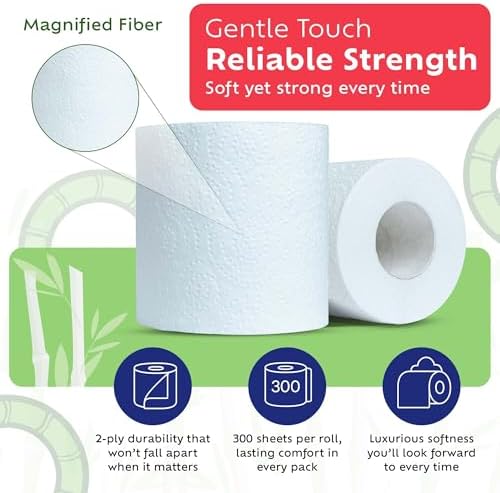 Bamboo Toilet Paper, Septic Safe Toilet Paper 2 Ply 24 Rolls 300 Sheets Per Roll, Soft Unscented Bath Tissue, RV Safe, Eco-Friendly, Non Chlorine, PFAS Free, Made in Canada