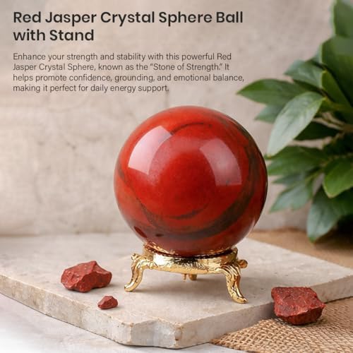 Crocon 55mm Red Jasper Stone Sphere Ball with Metal Stand 1400+ Carats Gemstone Ball Healing Sphere Sculpture Figurine for Fengshui Divination Home Decoration Photography Crystal Sphere