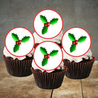 PRECUT Holly Edible Cupcake Toppers, Christmas Cake Decorations, Christmas Cake Topper, Xmas Holly Cupcake & Cookie Decor, 4cm / 1.5 inch Wafer Discs (24)