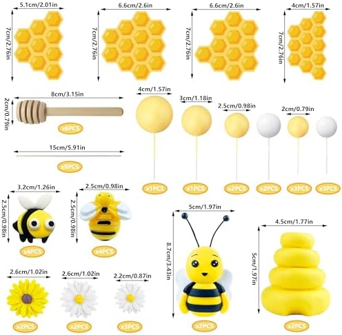 46 PCS Bee Cake Toppers Honeycomb Cake Decorations for Baby Shower Bee Theme Birthday Party Decoration Supplies