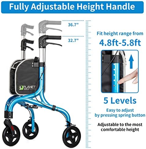 PLANETWALK Premium 3 Wheel Rollator Walker for Seniors – Ultra Lightweight Foldable Aluminum Mobility Aid with Height Adjustable Handle and 8 Inch Wheels, Brilliant Blue